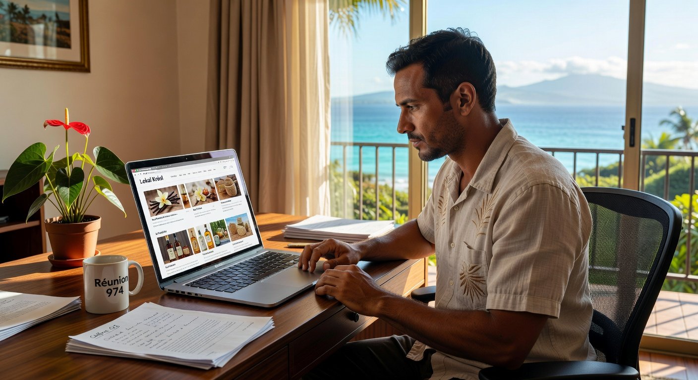 Entrepreneur réunionnais travaillant sur son site web depuis un laptop